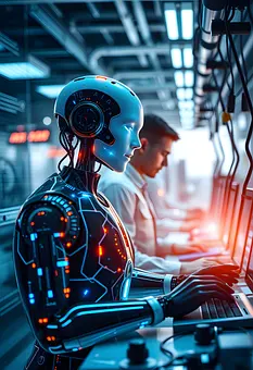 ai generated, robot, futuristic, robotic, technology, cyborg, machine, men, working